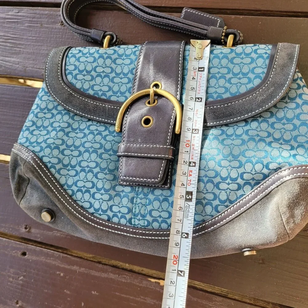 Rare Coach soho Signature Blue/Brown 7078 Canvas Shoulder Bag Silver Buckle Y2K